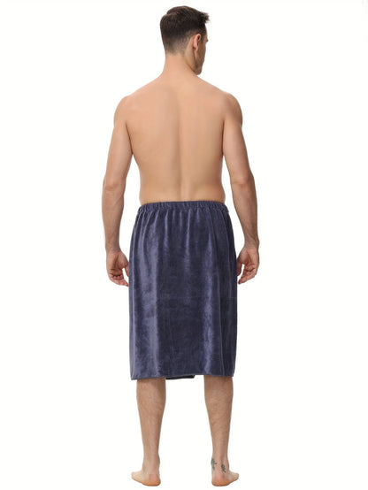 Wearable Bath Towel for Men - Soft Absorbent Suede Microfiber Bathrobe Wrap 320GSM Solid Color Quick Dry Shower Towel | Blue Brown | Spa Gym Bathroom Robe Towel Modern Style Men Gift