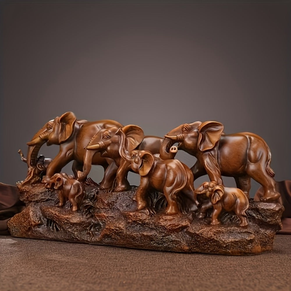 Elephant Family Figurine with Resin Herd Sculpture on Textured Base, 36 x 16 x 10cm Horizontal Shelf Format