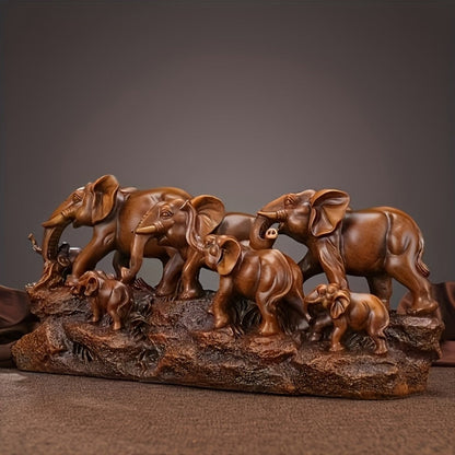 Elephant Family Figurine with Resin Herd Sculpture on Textured Base, 36 x 16 x 10cm Horizontal Shelf Format