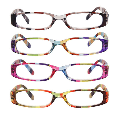 Reading Glasses 4-Pack Retro Rectangle Spring Hinge Multi-Strength for Men and Women – 1.0x to 4.0x Magnification Colorful Printed Frames Eyeglasses Set