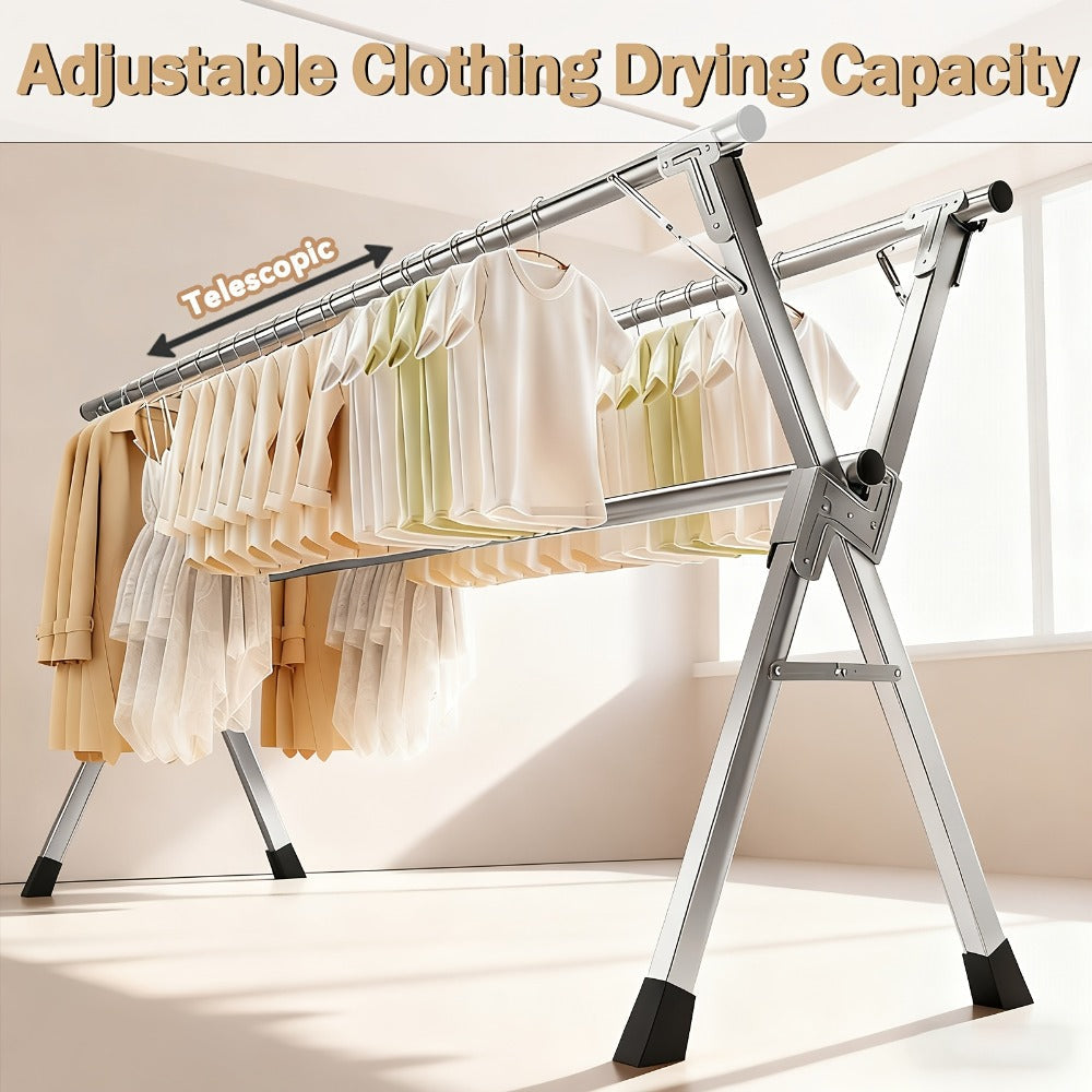 Clothes Drying Rack Foldable with Extendable Rod & Windproof Hooks — Space-Saving High-Capacity Metal Laundry Rack for Indoor, Outdoor, Balcony & Laundry Room | Multiple Sizes