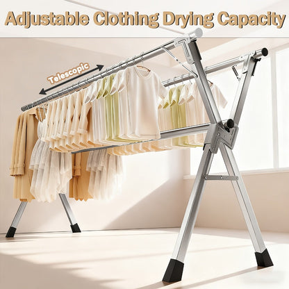Clothes Drying Rack Foldable with Extendable Rod & Windproof Hooks — Space-Saving High-Capacity Metal Laundry Rack for Indoor, Outdoor, Balcony & Laundry Room | Multiple Sizes