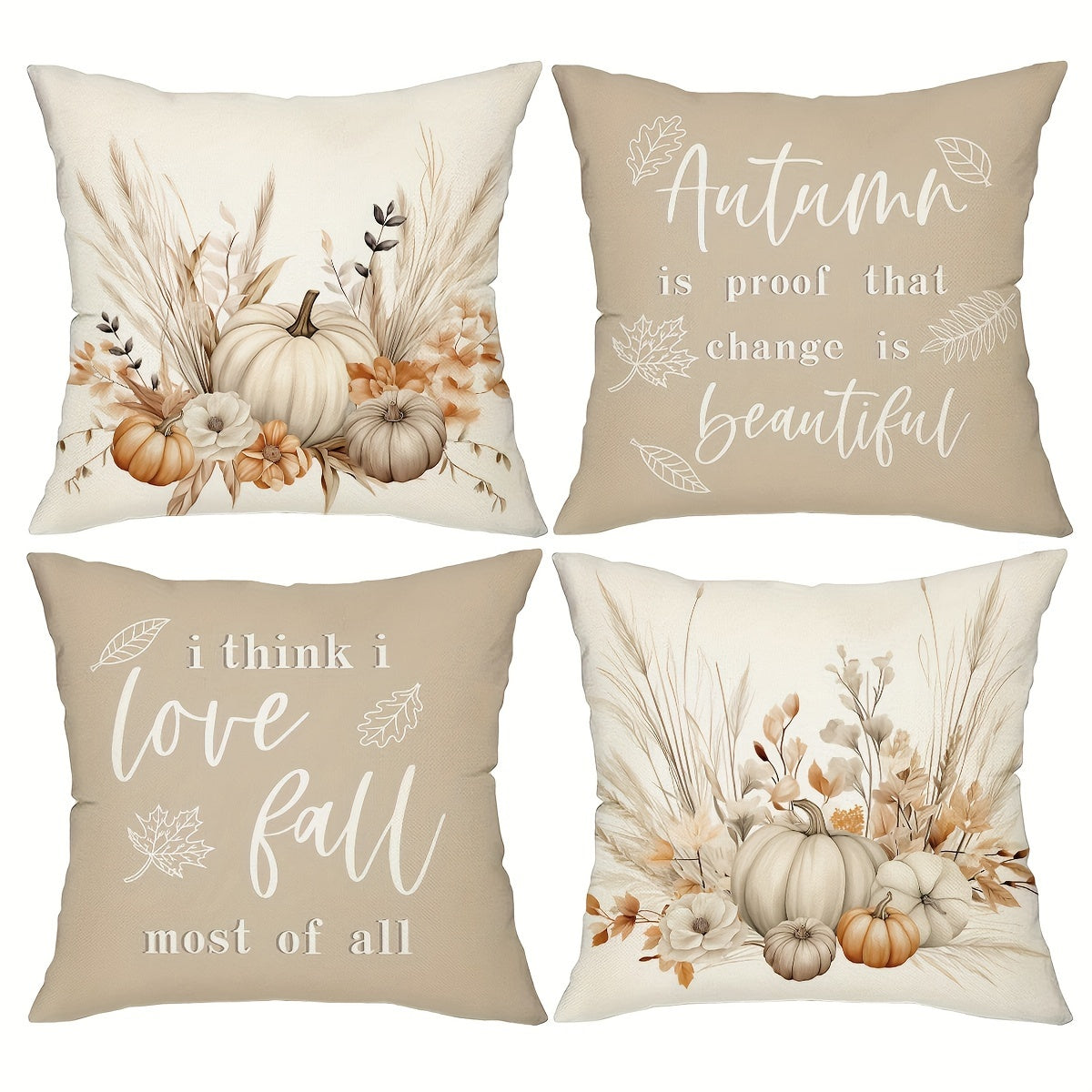Autumn Pumpkin Throw Pillow Covers, Set of Four 18 x 18-Inch Polyester Cases with Hidden Zippers