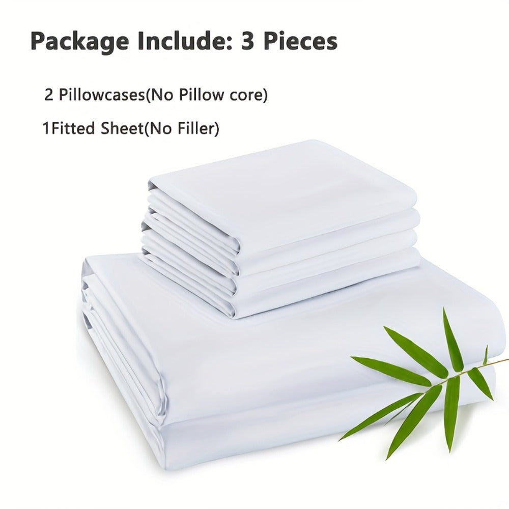 Three-Piece Bamboo Fiber Fitted Sheet Set with Pillowcases in Eight Size and Color Options for Bedrooms