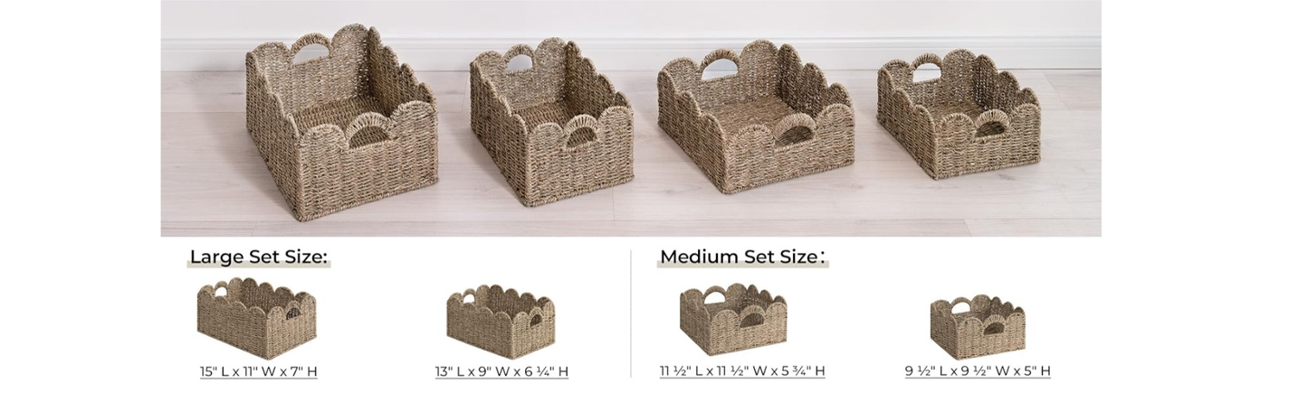 Scalloped Wicker Baskets Set of 2 - Water Hyacinth & Seagrass Woven Rattan Basket with Handles for Shelf, Nursery, Bathroom, Living Room Boho Decor