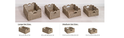 Scalloped Wicker Baskets Set of 2 - Water Hyacinth & Seagrass Woven Rattan Basket with Handles for Shelf, Nursery, Bathroom, Living Room Boho Decor