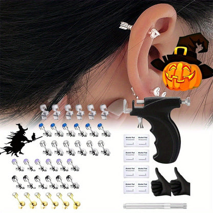 Professional Ear Piercing Kit - 36pcs CZ Diamond & Stainless Steel Stud Earrings with Reusable Piercing Gun, Alcohol Pads, Gloves & Marking Pen for Home and Salon Use
