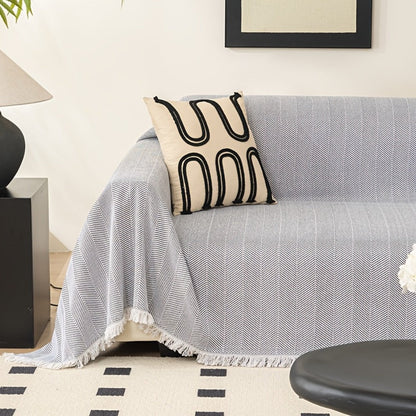 Sofa Cover 71-Inch Herringbone Jacquard Woven Throw with Tassel Fringe in Grey, Coffee, Green or Blue