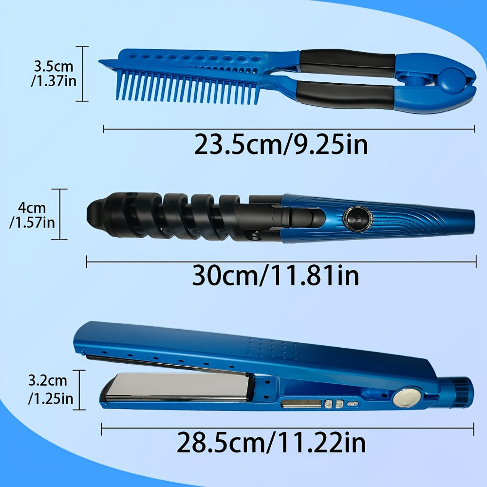 Flat Iron, Curling Iron and Comb Hair Styling Tool Set with Three Pieces in Blue for Home Styling