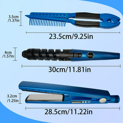 Flat Iron, Curling Iron and Comb Hair Styling Tool Set with Three Pieces in Blue for Home Styling