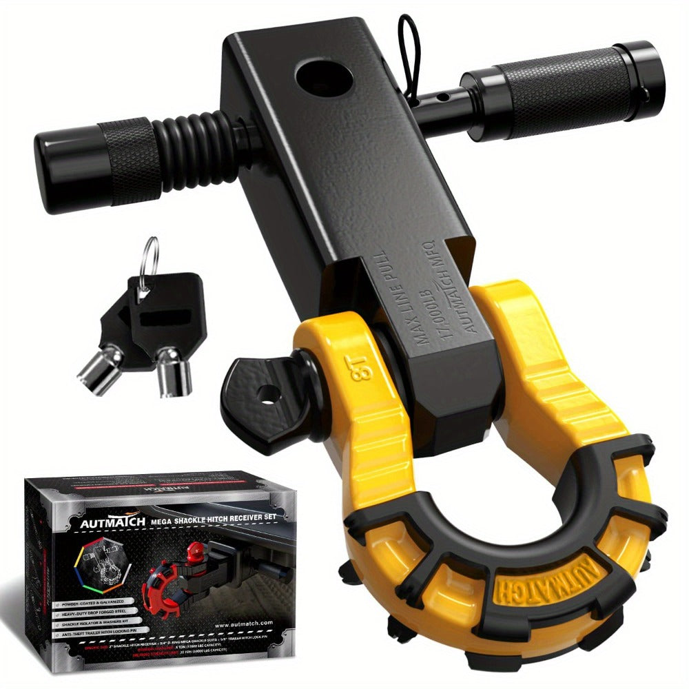 Shackle Hitch Receiver 2-Inch 68,000 lb Break Strength with 3/4" D-Ring & 5/8" Hitch Lock Pin – Heavy Duty Drop Forged Steel 8-Ton Vehicle Recovery Tow Hitch, Multi-Color