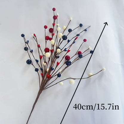 Artificial Berry Branches Red White Blue Patriotic Decor – 5pcs Fake Plastic Stems for Home Tabletop Vase Floral Arrangement Fourth of July