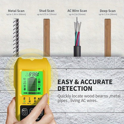Stud Finder Wall Scanner 7-in-1 LCD Display Sound Alert | Wood Deep Stud Metal AC Wire Moisture Meter Temperature Sensor | Center-Finding Digital Wall Detector for DIY Home Renovation Construction