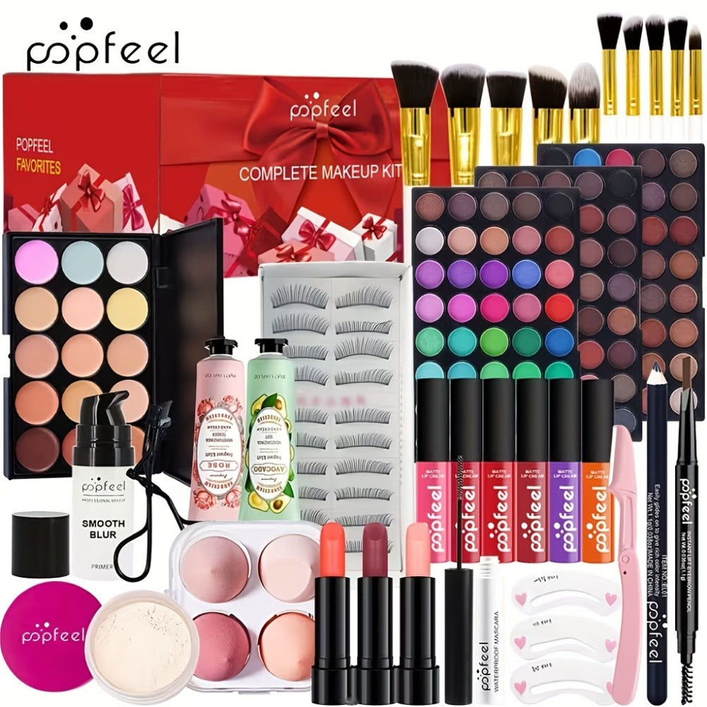 Makeup Gift Set POPFEEL 29-Color Eyeshadow Palette + Mascara + Eyeliner + Brow Pencil + Highlighter Powder + 7-Piece Brush Set | Complete Eye & Face Kit for All Skin Types | Beginner Friendly