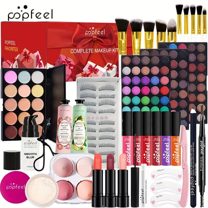 Makeup Gift Set POPFEEL 29-Color Eyeshadow Palette + Mascara + Eyeliner + Brow Pencil + Highlighter Powder + 7-Piece Brush Set | Complete Eye & Face Kit for All Skin Types | Beginner Friendly
