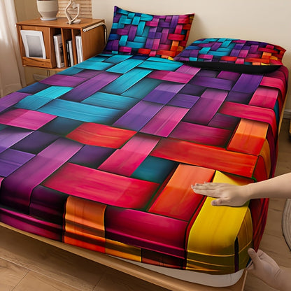 Fitted Sheet Set 3pcs Plaid Digital Print Deep Pocket 15" All Season Bed Sheet + 2 Pillowcases No Filling Twin Full Queen King