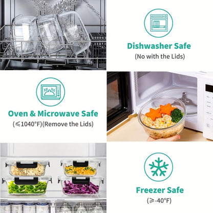 Food Storage Containers Borosilicate Glass Set with Locking Lids in 10-, 12- or 17-Piece Color Options