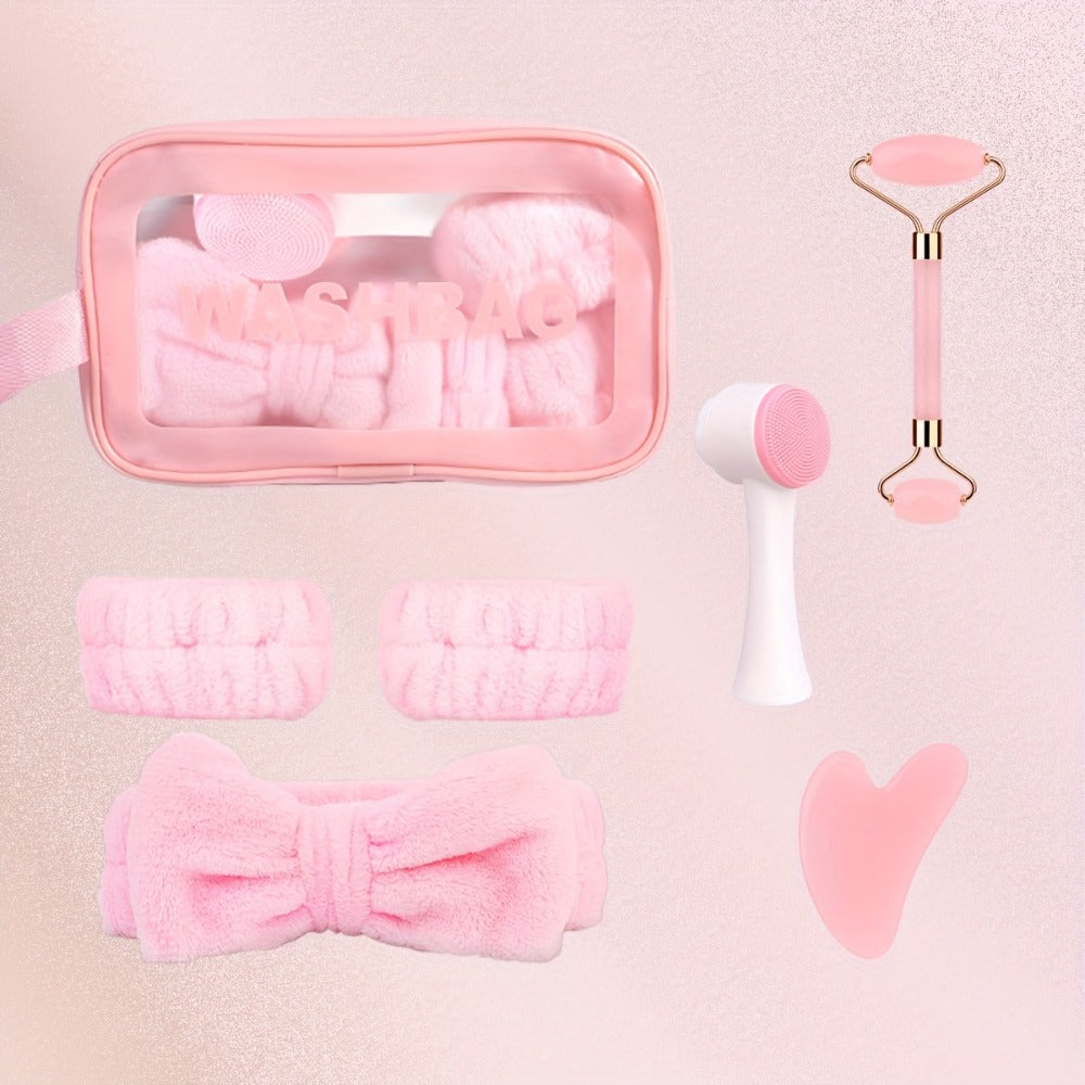 7-Piece Facial Cleansing Accessory Set with Wash Bag, Headband, Wristbands, Face Brush and Roller