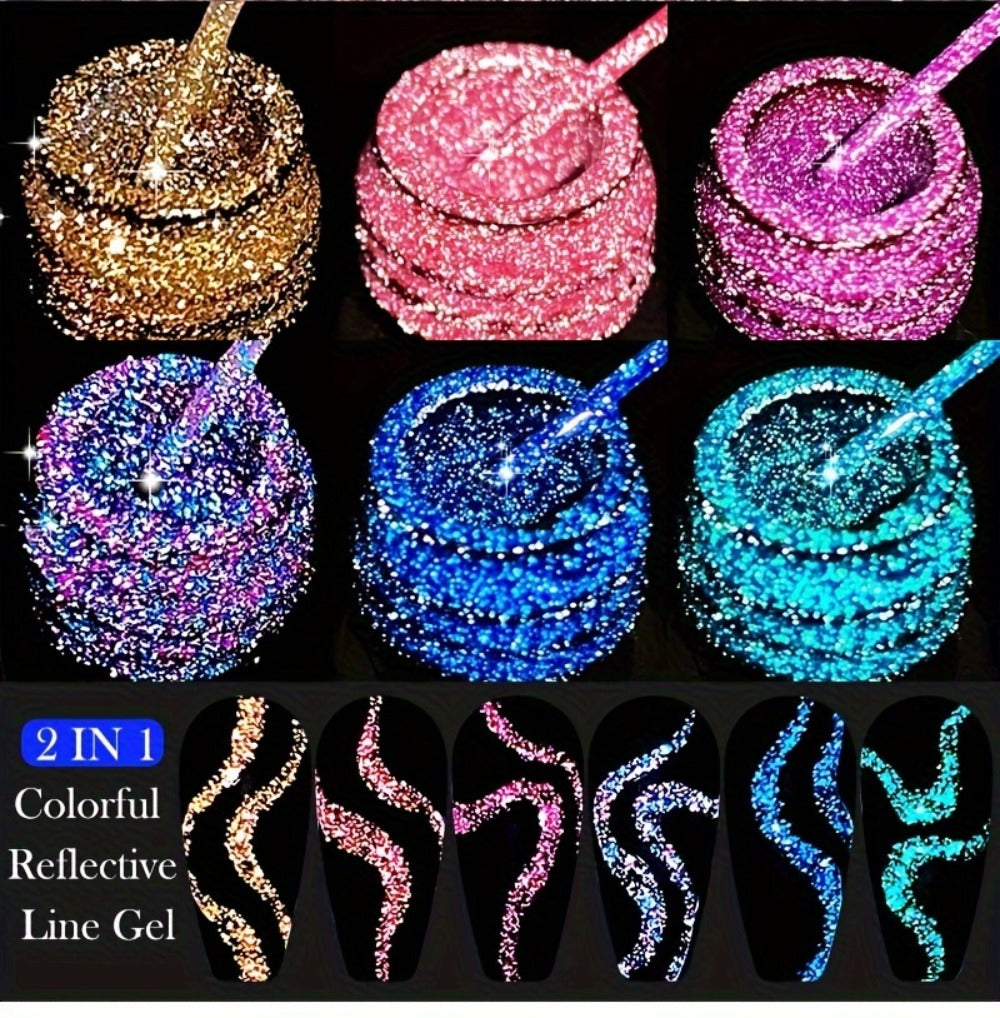 Reflective Liner Nail Art Gel Six-Bottle Set with 5ml CR01 to CR06 Colors and Slim Brushes for Detail Lines