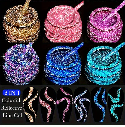 Reflective Liner Nail Art Gel Six-Bottle Set with 5ml CR01 to CR06 Colors and Slim Brushes for Detail Lines