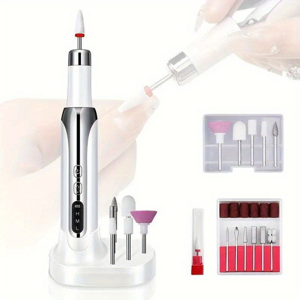 Electric Nail Drill Cordless USB Rechargeable Pen with Bit and Sanding Band Set in Gold or White