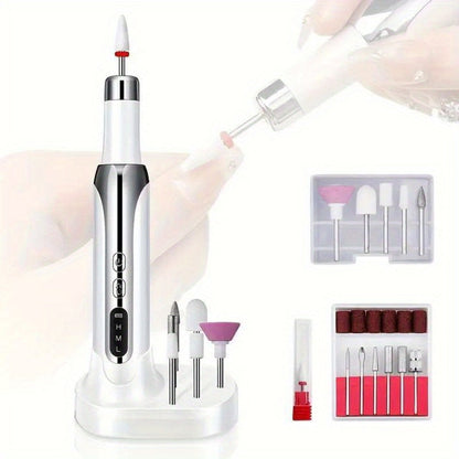 Electric Nail Drill Cordless USB Rechargeable Pen with Bit and Sanding Band Set in Gold or White