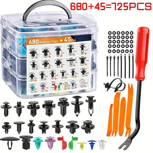 Car Bumper Screw & Rivet Repair Kit 725-Piece – Universal Plastic Clips, Nuts & Fasteners for Bumper, Wing & Interior Body Panels, Includes 680 Rivets + 45-Piece Tool Set