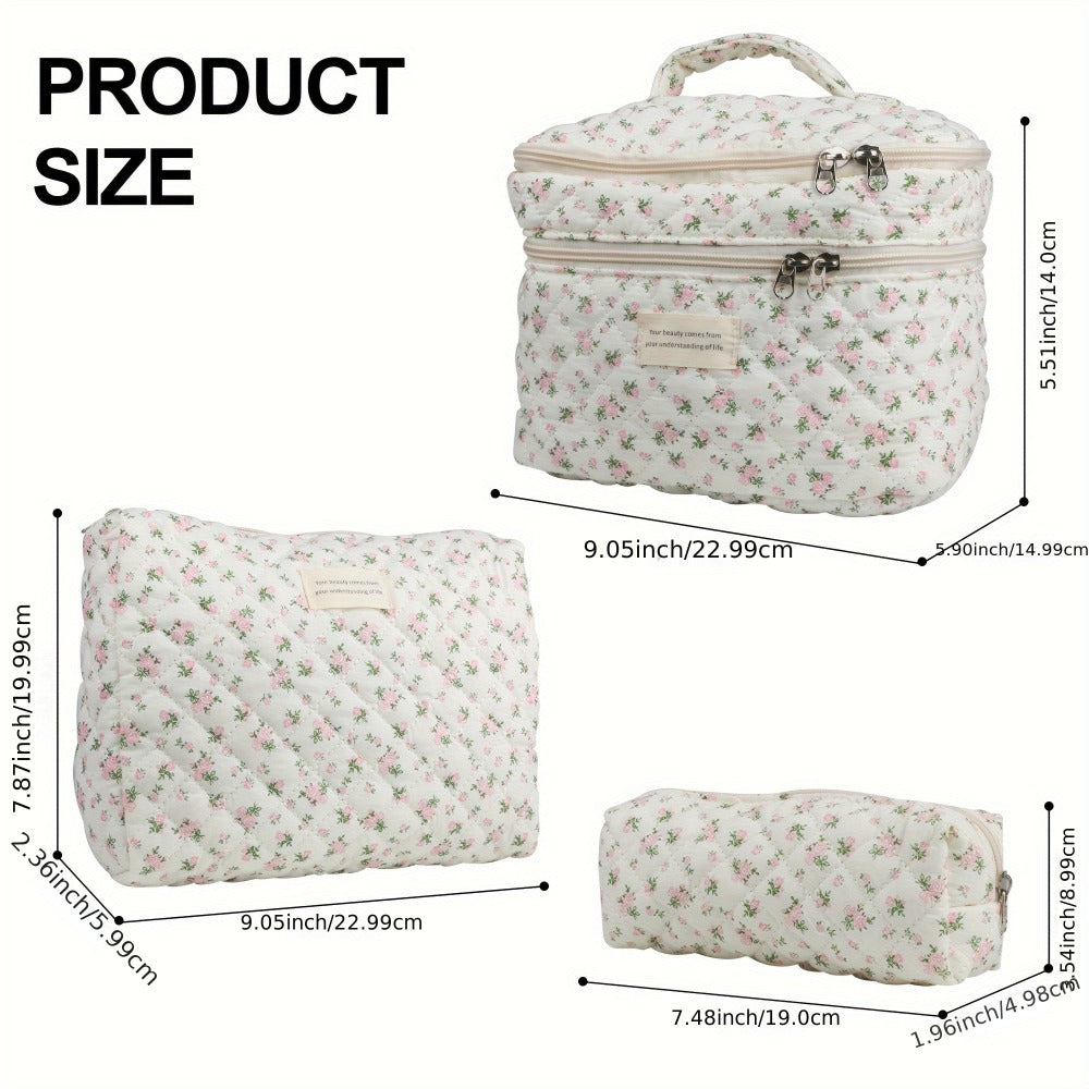 Makeup Bag – Set 3 PCS Quilted Cotton Dual Layer Large Capacity Floral Coquette Aesthetic Travel Cosmetic Bag Women Toiletry Organizer…