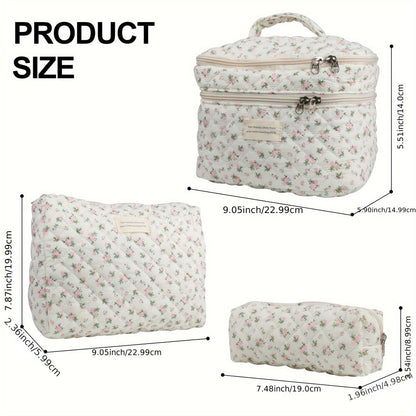 Makeup Bag – Set 3 PCS Quilted Cotton Dual Layer Large Capacity Floral Coquette Aesthetic Travel Cosmetic Bag Women Toiletry Organizer…