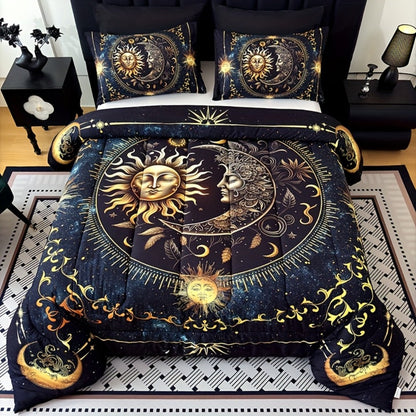 Sun Moon Planet Comforter Set 3pcs Digital Print Quilted Bedding 1 Comforter 2 Pillowcases 180GSM Soft Breathable Black Celestial Bedroom Decor Twin Full Queen King Size Dormitory