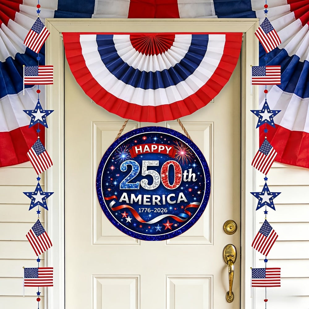 Patriotic Wooden Door Sign with Round 1776-2026 Anniversary Design for Indoor Wall or Entryway Display