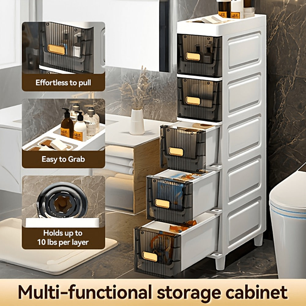 Storage Cabinet Slim PP Drawer Tower with Wheels, Pull-Out Bins and Three, Four or Five Layers