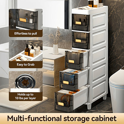 Storage Cabinet Slim PP Drawer Tower with Wheels, Pull-Out Bins and Three, Four or Five Layers