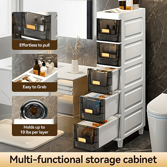 Storage Cabinet Slim PP Drawer Tower with Wheels, Pull-Out Bins and Three, Four or Five Layers