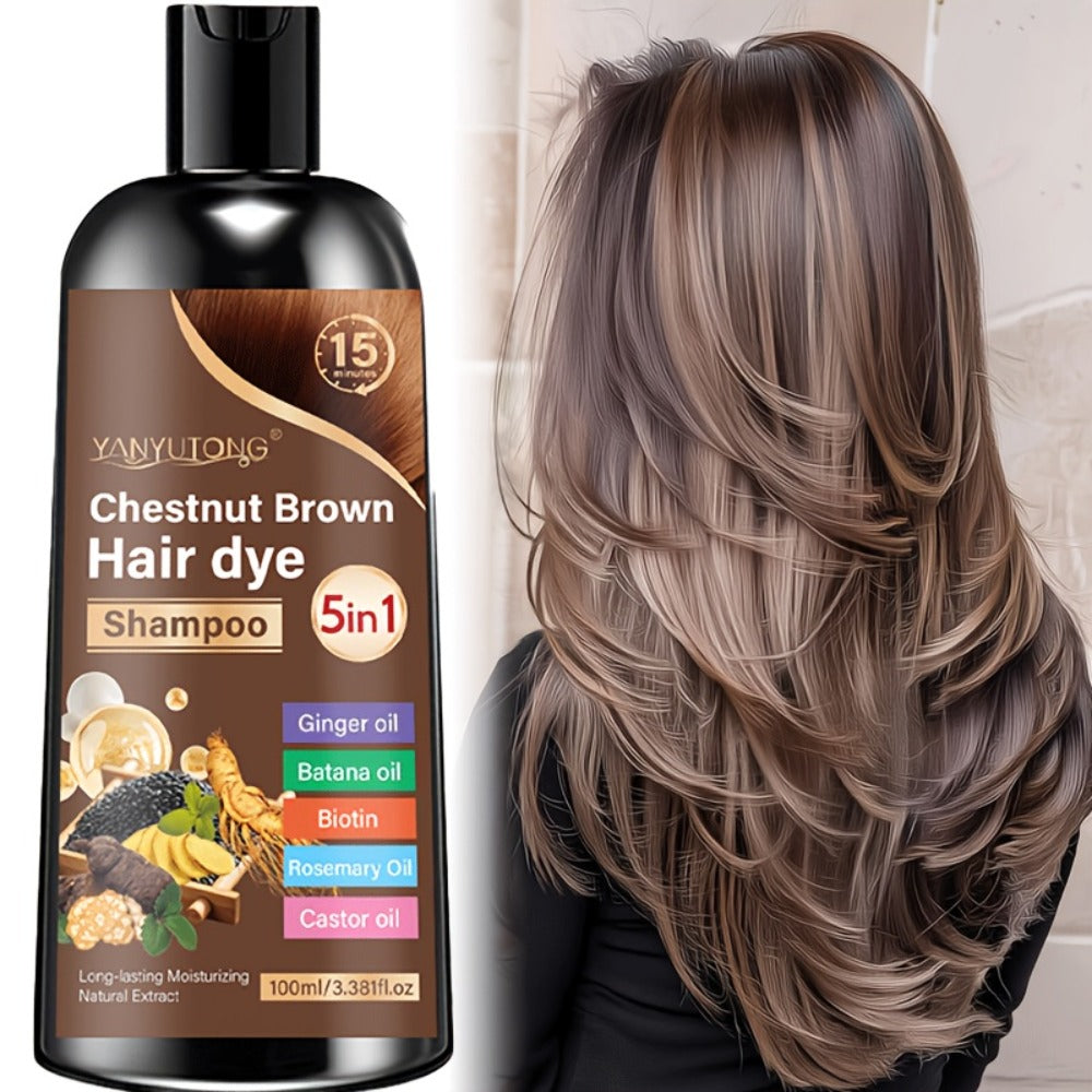 Gray Coverage Hair Dye Shampoo 5-in-1 with Ginger Oil Biotin Rosemary Castor Oil | Gentle Color Shampoo for Black Brown Chestnut Brown | No Mix Quick Application Men & Women