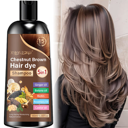 Gray Coverage Hair Dye Shampoo 5-in-1 with Ginger Oil Biotin Rosemary Castor Oil | Gentle Color Shampoo for Black Brown Chestnut Brown | No Mix Quick Application Men & Women