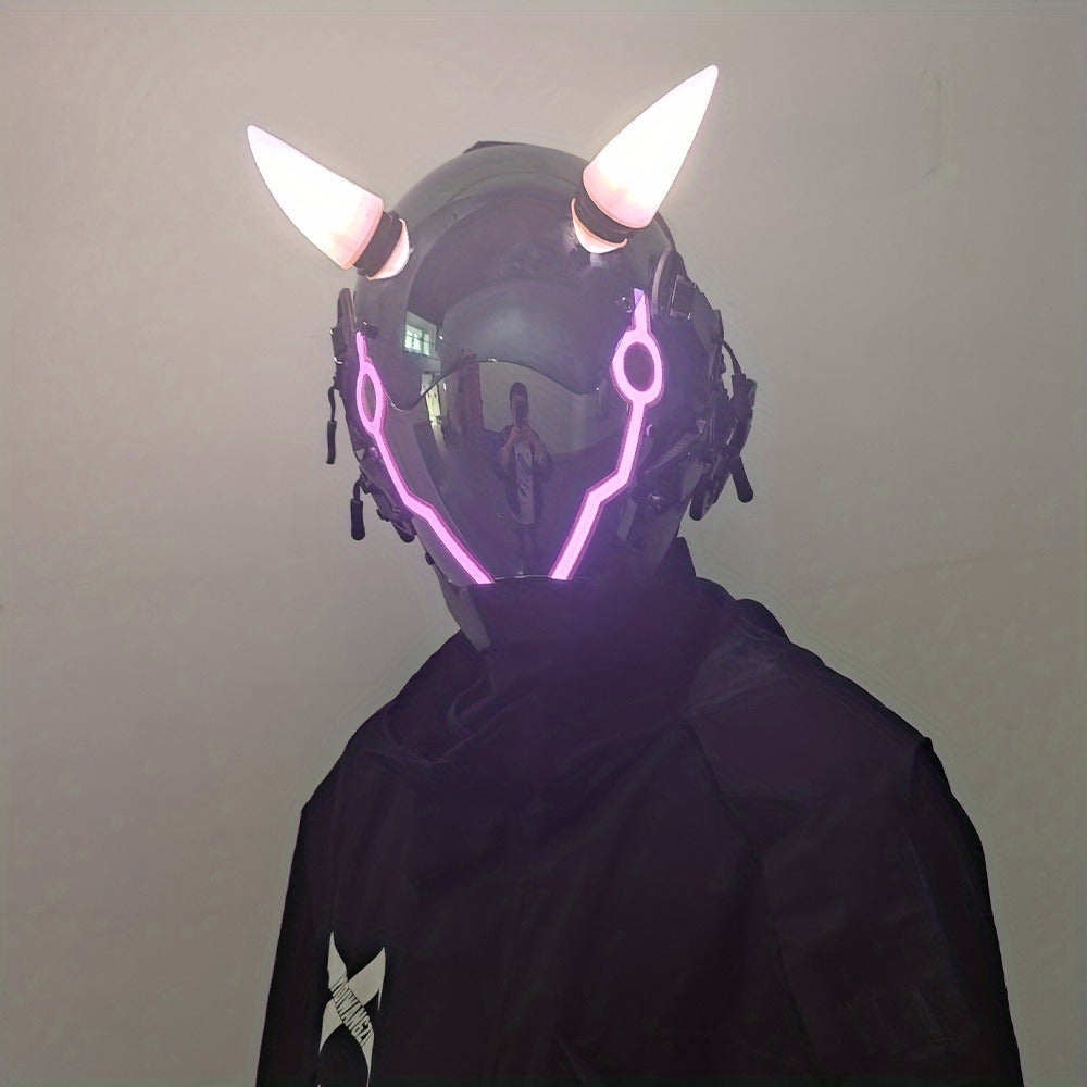 Pink LED Cyberpunk Costume Mask with Horned Full-Face Helmet, Reflective Visor and Lighted Accent Lines