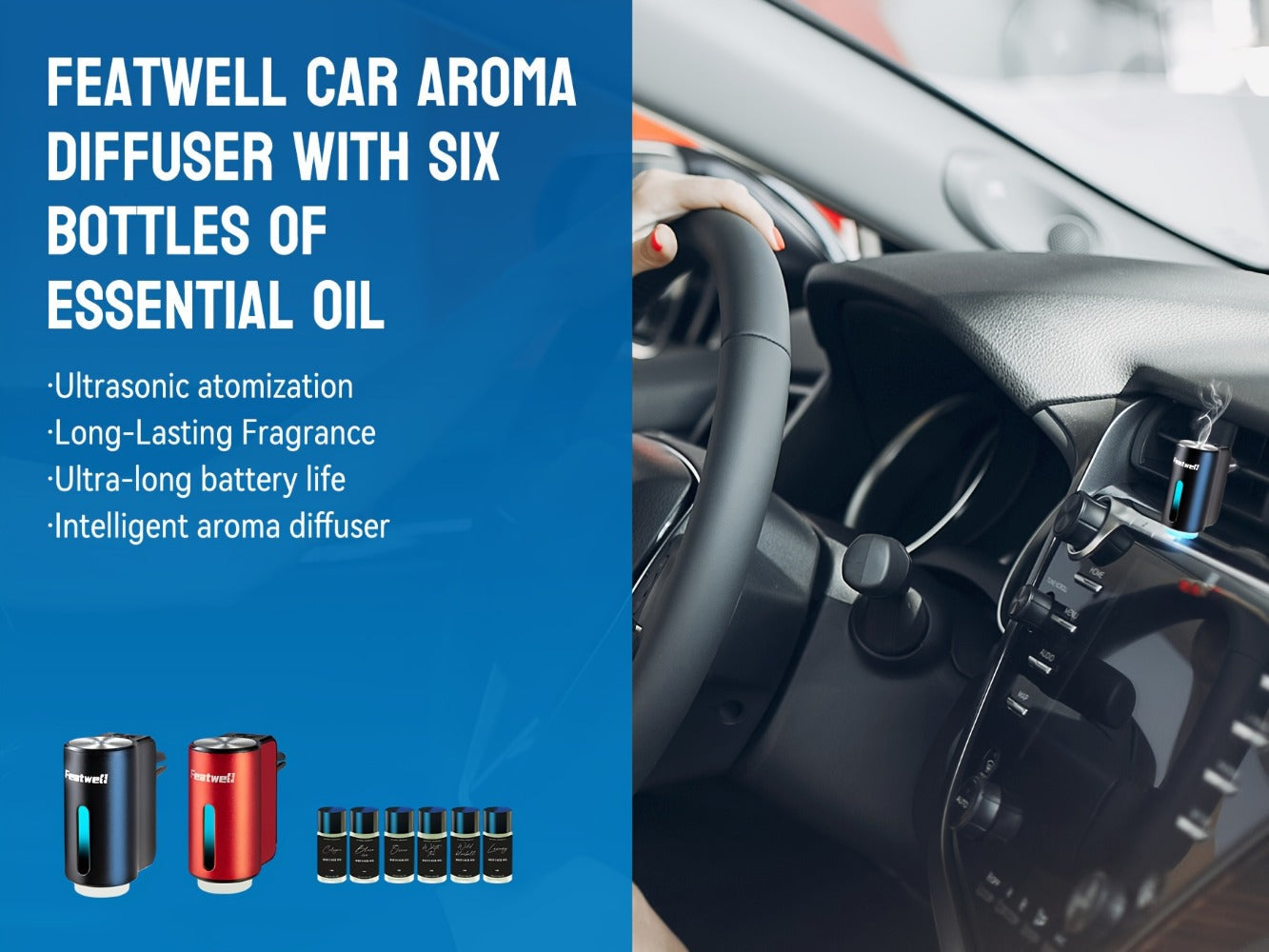 Car Air Freshener Featwell Waterless Vent Diffuser with Grey Six-Scent Refill Selection and USB-C Power