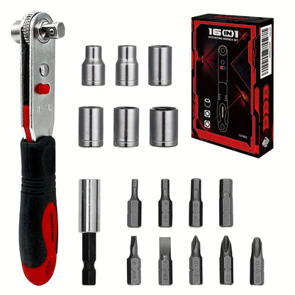Right-Angle Ratcheting Screwdriver Set with 10- or 16-Piece Bit and Socket Configurations for Tight Access