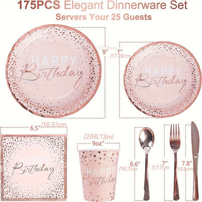 Birthday Party Plates and Napkins Set 175pcs Pink Rose Gold Disposable Tableware Forks Knives Spoons Serves 25 Guests Girl Birthday Party Supplies