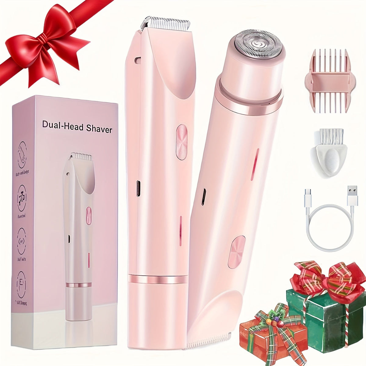 Electric Shaver & Bikini Trimmer for Women Dual Head USB Rechargeable – Multipurpose Face Body Hair Removal for Arms Legs Underarm, Portable Cordless Razor Pink Gift Set