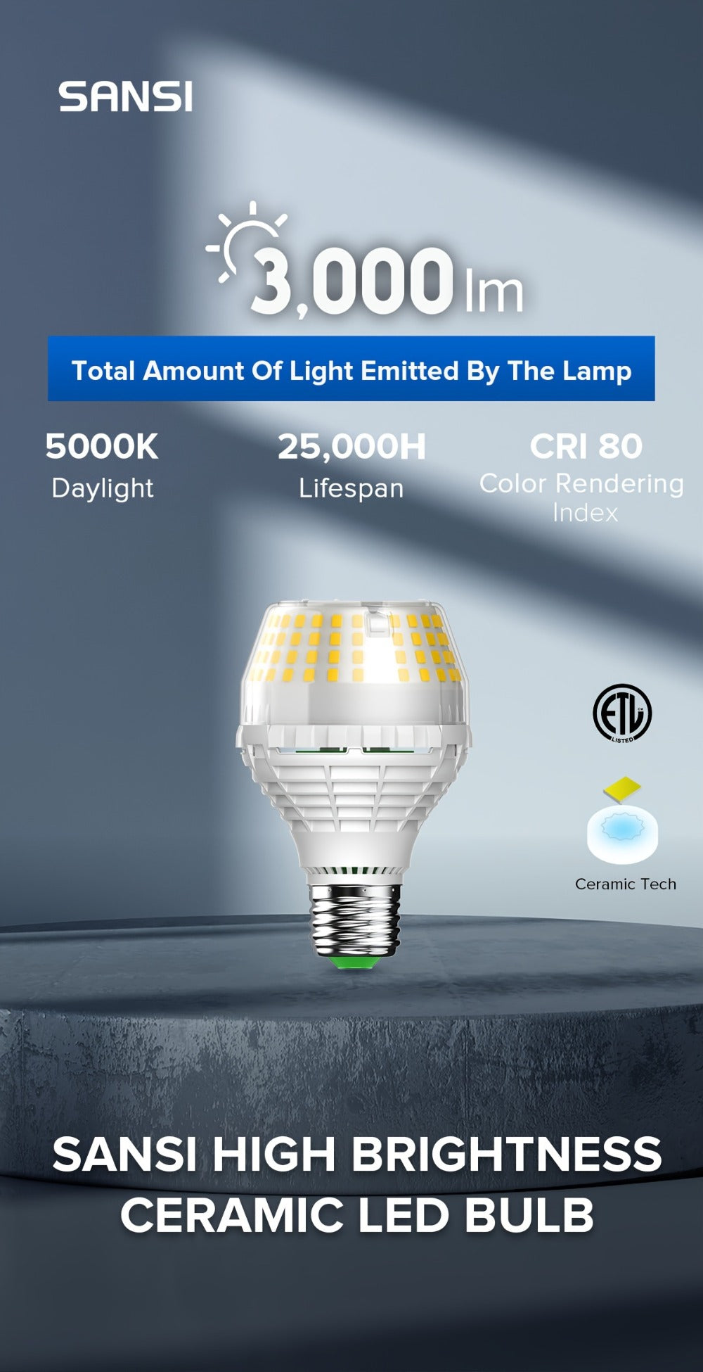 SANSI A19 LED Light Bulb, 20W E26 with 3000-Lumen Marking in 3000K Warm or 5000K Daylight White
