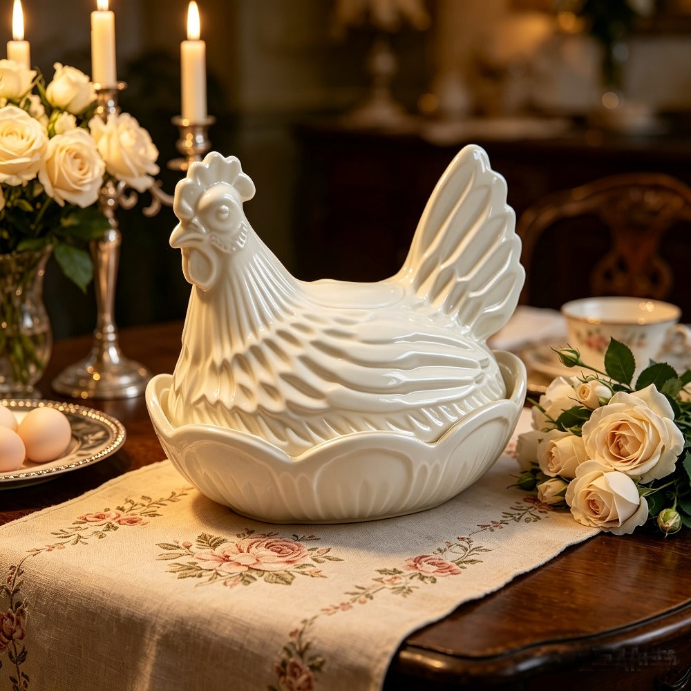 Two-Piece Glass Chicken Candy Jar and Lid Set with White Nesting Hen Design for Kitchen Display