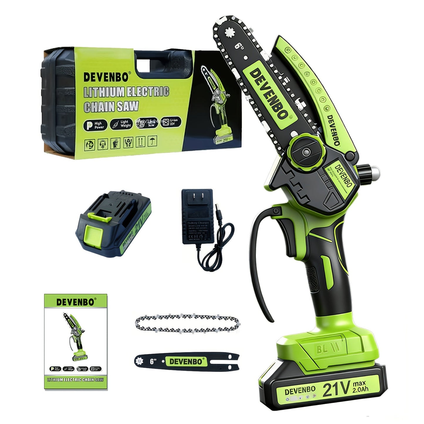 Power Tools DEVENBO 6 Inch Cordless Mini Chainsaw with One or Two Battery Options and Accessory Case