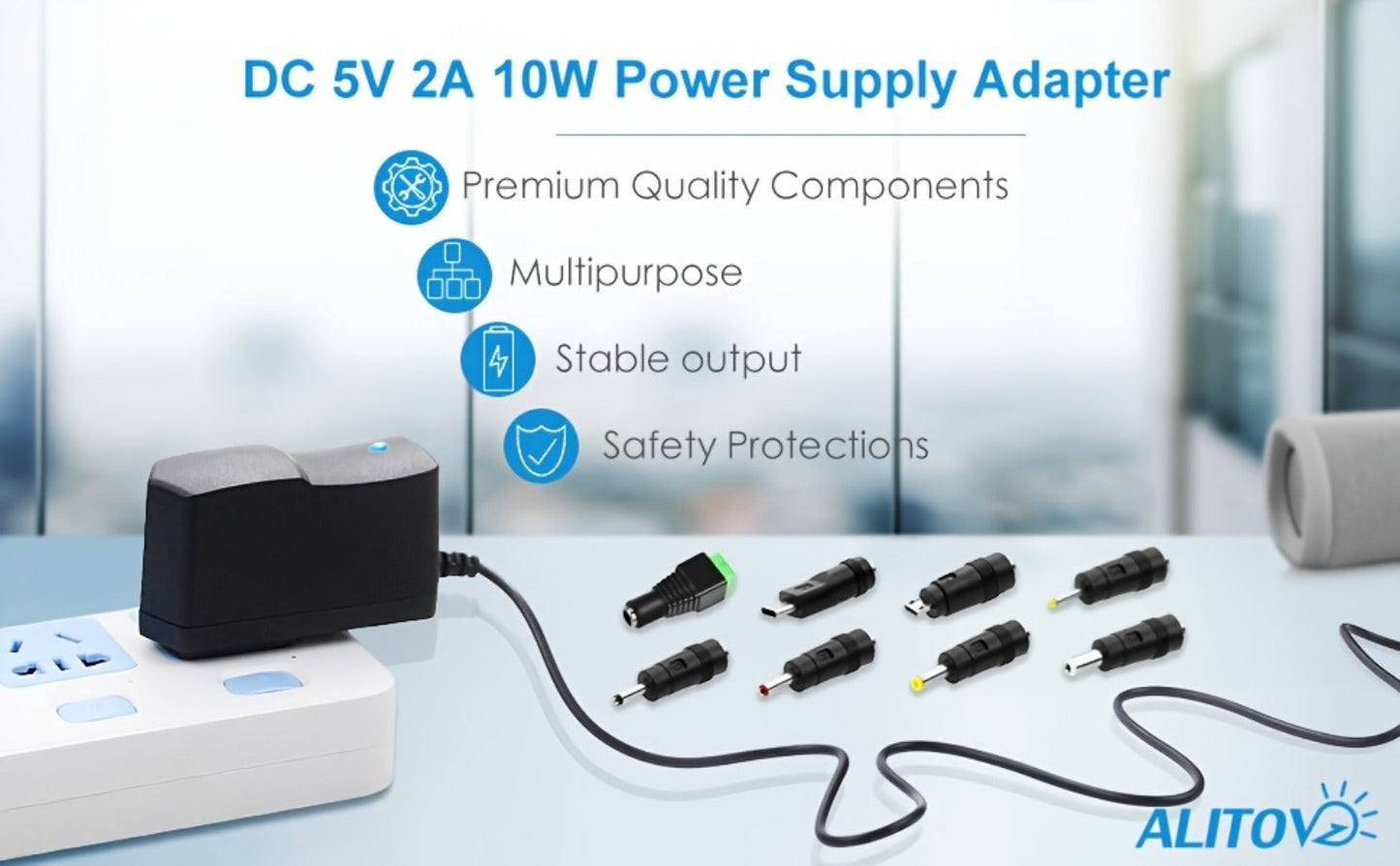 Fixed 5V 2A 10W AC/DC Power Adapter with Eight Tips, Type-C, Micro-USB and Barrel Connectors