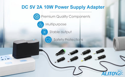 Fixed 5V 2A 10W AC/DC Power Adapter with Eight Tips, Type-C, Micro-USB and Barrel Connectors