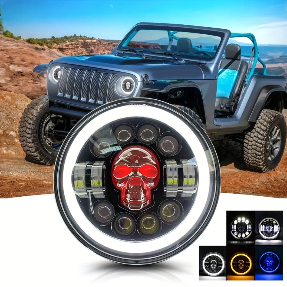 7 Inch Motorcycle LED Headlight Skull Ghost Design - Colorful Demon Eye Round Head Lamp, Custom Car Headlight Modification Front Light for Motorcycle Jeep Truck