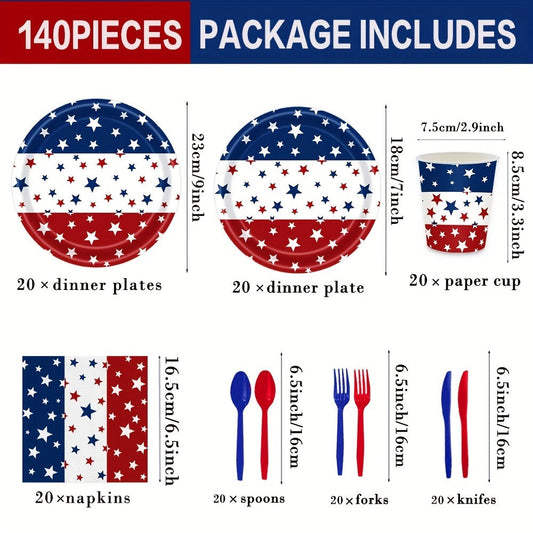 Patriotic Tableware Party Supplies Set with 140 Pieces for 20 Red White Blue Star-Print Settings