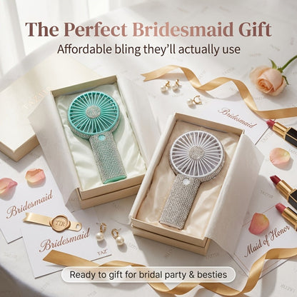 Elegant Silvery Rhinestone Mini Handheld Fan with Type-C Charging, Round Grille and Decorated Handle