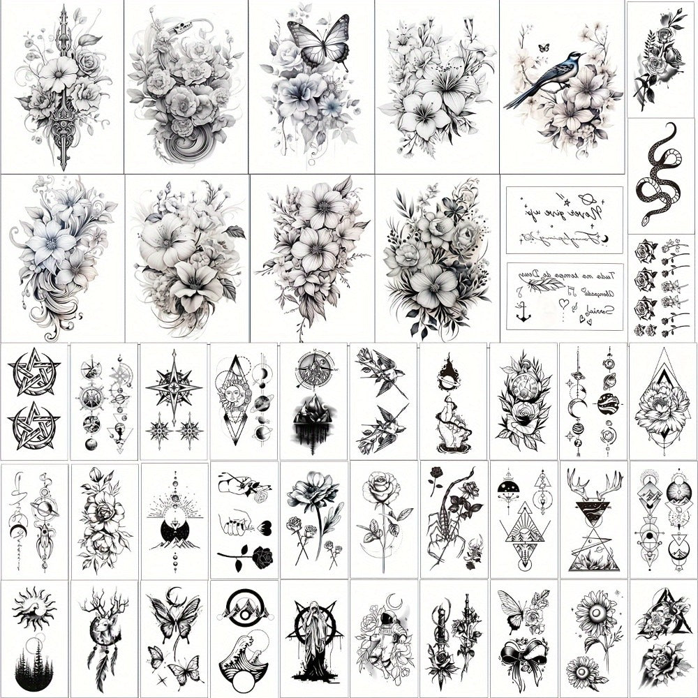 Floral Temporary Tattoos for Women 44-Pack | Realistic Butterfly Snake Half Arm Body Art Stickers | Large & Small Sheets Waterproof Long-Lasting Fake Tattoo | Black Flower Design Set for Adults Teens